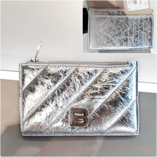 Balenciaga Crush B Logo Quilted Leather Card Case Silver