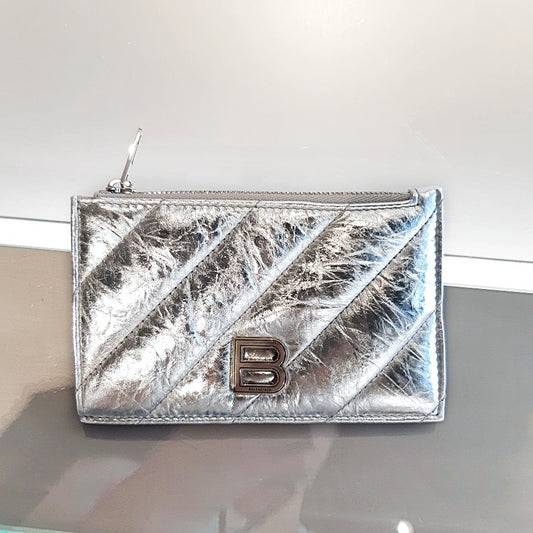 Balenciaga Crush B Logo Quilted Leather Card Case Silver