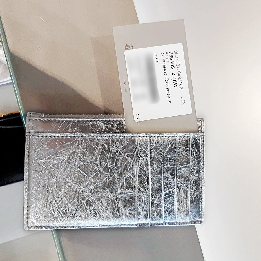 Balenciaga Crush B Logo Quilted Leather Card Case Silver